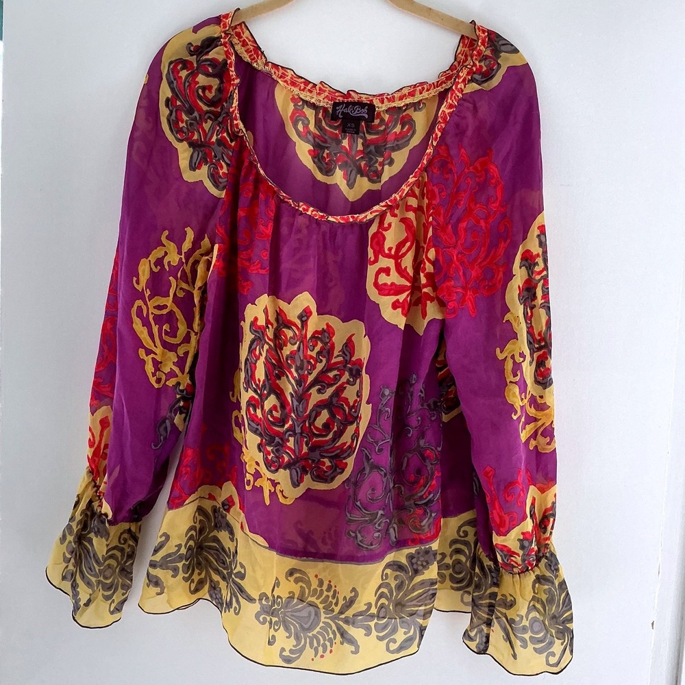 Hale Bob 100% Silk Blouse Womens XS Purple Yellow Damask‎ Excellent Condtn' Boho